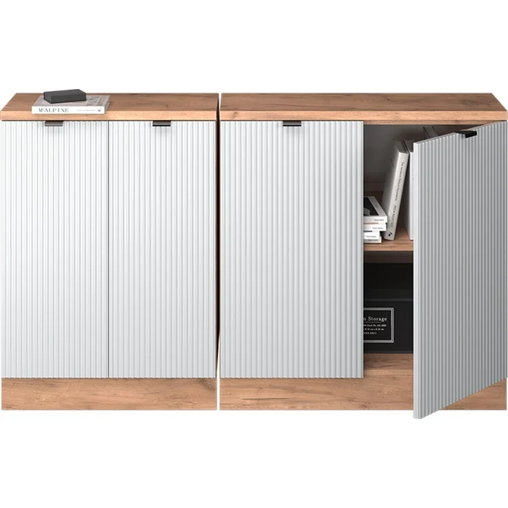 Küchenschrank für Dachschrägen R-Line Weiß Riffel 140 cm 2er Set Schrankkorpuss 60 cm Tiefe Vicco – Bild 5