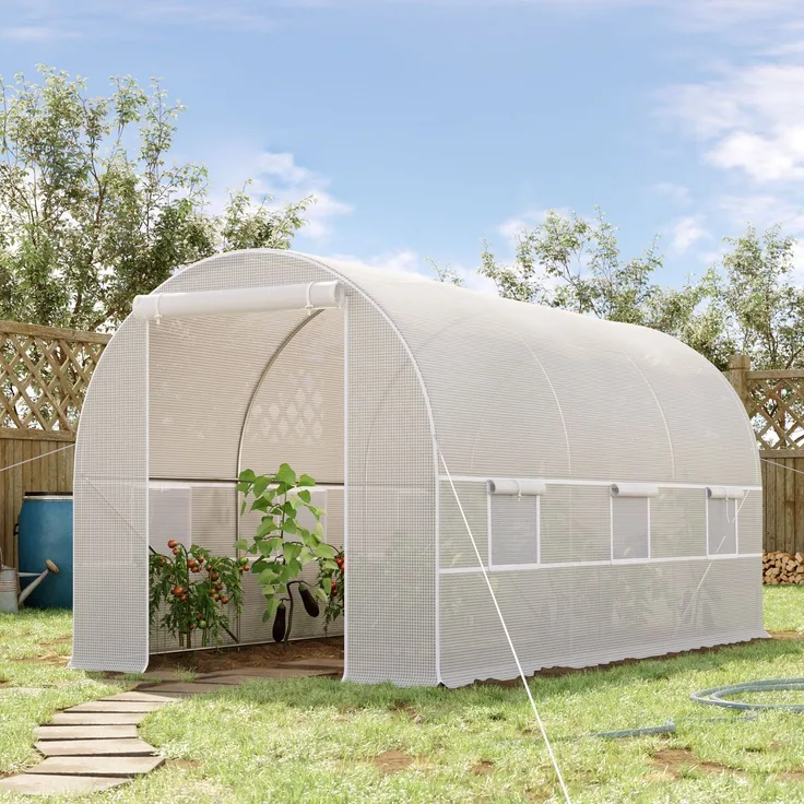 Wohnora-8 m² großes Gartentunnelgewächshaus mit Tür und 6 Fenstern, 140 g/m² PE-Folie, 400 x 200 x 200 cm, weiß,H 2000cm x T 1470cm x B 2000cm
