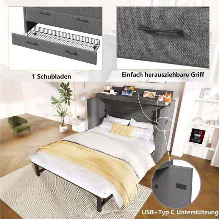 Odikalo Schrankbett Polsterbett Einzelbett 140x200 mit Schublade und USB (Mit einer Schublade,Mobiles Schrankbett mit Ablagefach am Bett, mit USB- und Typ-C-Anschlüssen, Umbaubares Plattformbett, Ohne Matratze,Leinen, Beige) /gray – Bild 3
