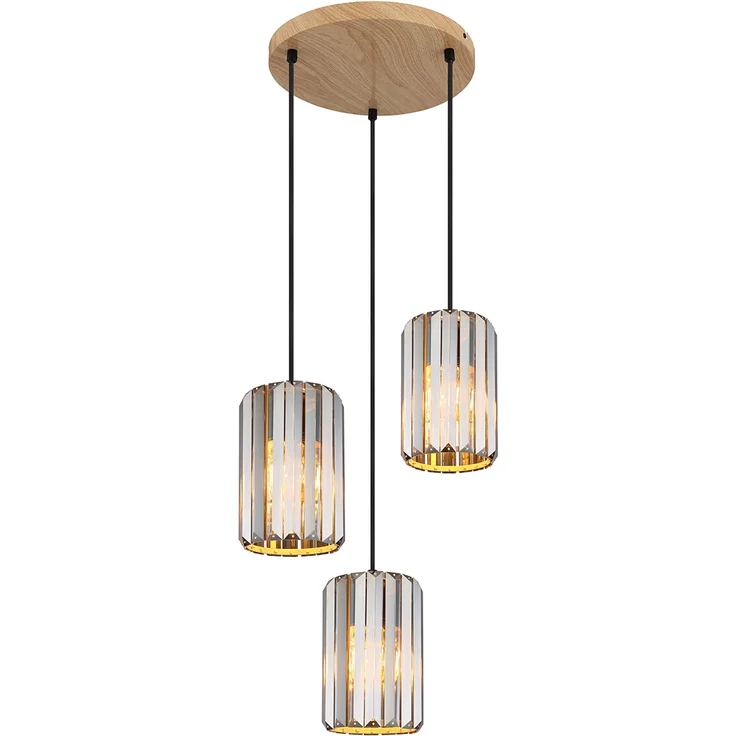 Hängeleuchte, 3-Flammig, Holzoptik, Kristall rauch, H 120 cm – Bild 2