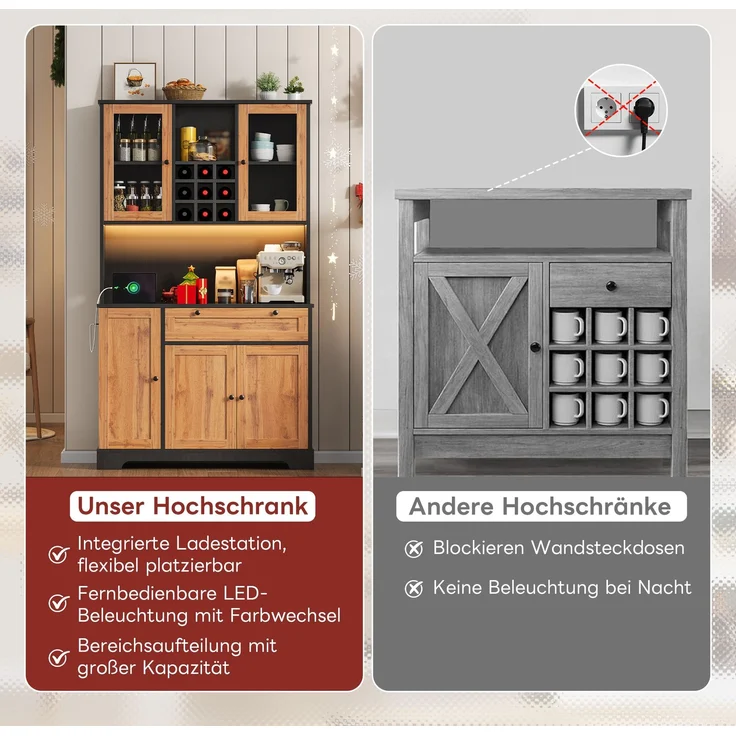 Küchenschrank, Hochschrank, Aufbewahrungsschrank, Vitrinenschrank mit Tür, integriertem Gewürzregal, verstellbaren Einlegeböden,mit farbwechselnder LED-Beleuchtung und Steckdose, 180 × 105 × 40 cm--Schwarz + Natur--105x40x180cm--YOUDENOVA – Bild 5