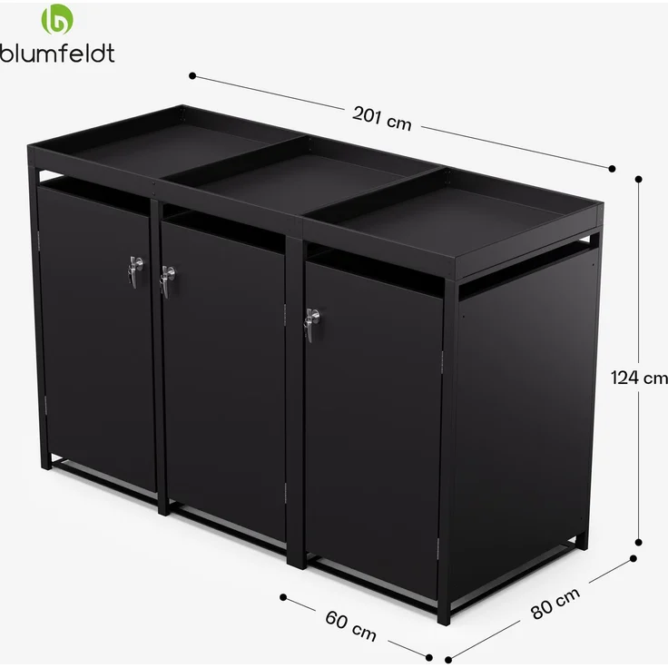 Blumfeldt BinSafe Mülltonnenbox – Wetterfest, Verzinkter Stahl, 3 Türen, Pflanzendach, Für 60L/120L/240L Mülltonnen, Modernes Design, Mülltonnenverkleidung 3 Tonnen – Bild 7