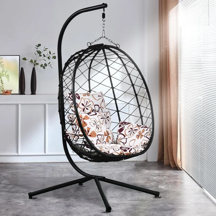 Luxus Hängesessel NEW XXL Gestell mit Korb Schwarz und Kissen Blumenmuster – Bild 1