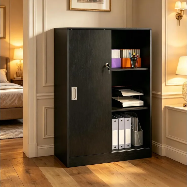 Dokumentenschrank mit Schiebetüren und Schloss, 80x40x120 cm, Schwarz