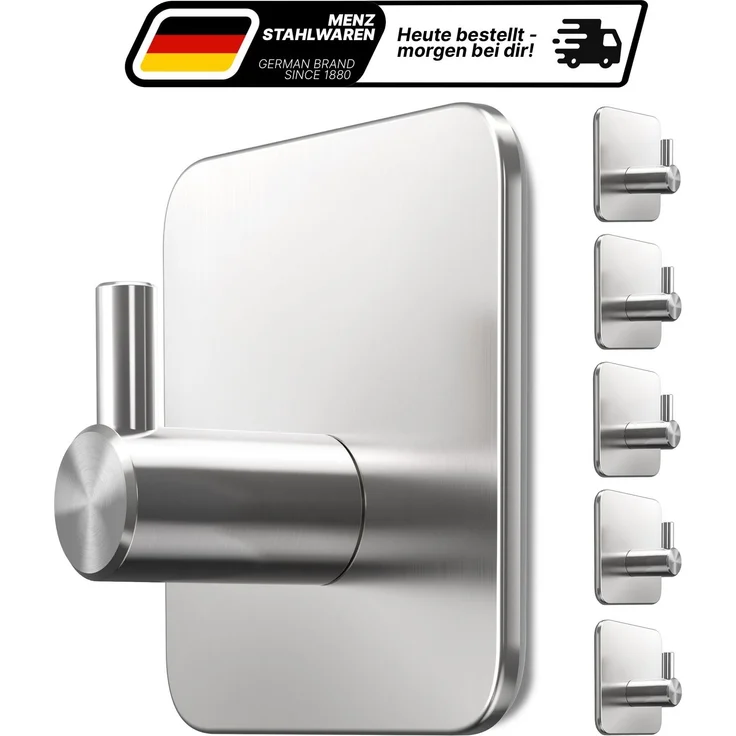 Lindenstein Handtuchhaken 6er-Set Silber – Edelstahl V2A, selbstklebend mit 3M-Pads – Bild 1