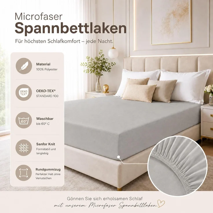 Microfaser Spannbettlaken - Spannbetttuch 180-200x200 cm – Atmungsaktiv, Knitterfrei & Pflegeleicht – OEKO-TEX Bettlaken mit Rundumgummi - Silber – Bild 3