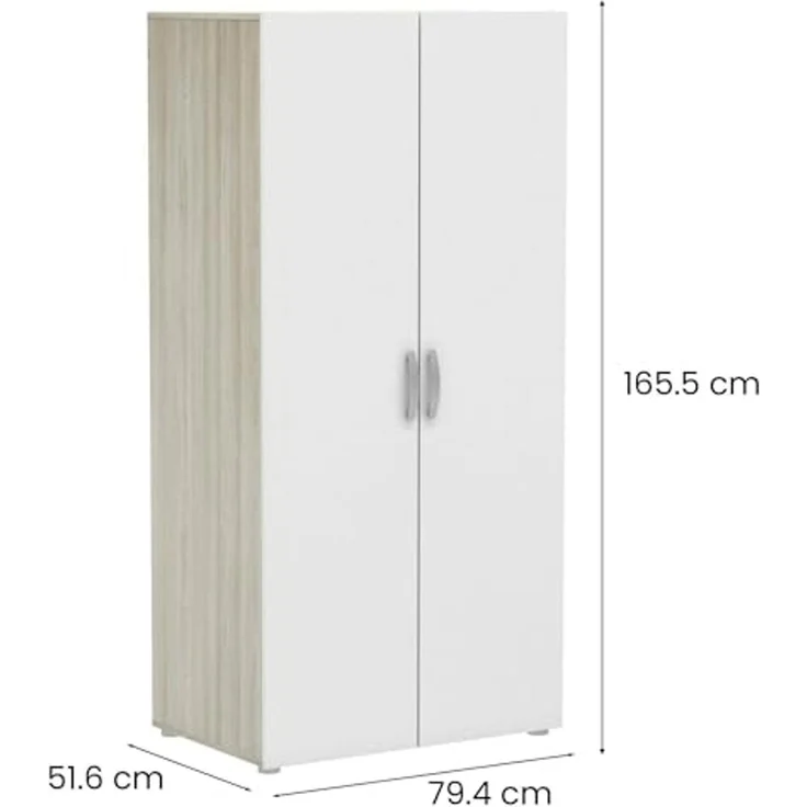 Dmora - Kleiderschrank 2 Türen Loire, Schlafzimmermöbel, Schrank, Garderobe, 79x52 h166 cm, Eiche und Mattweiß – Bild 2