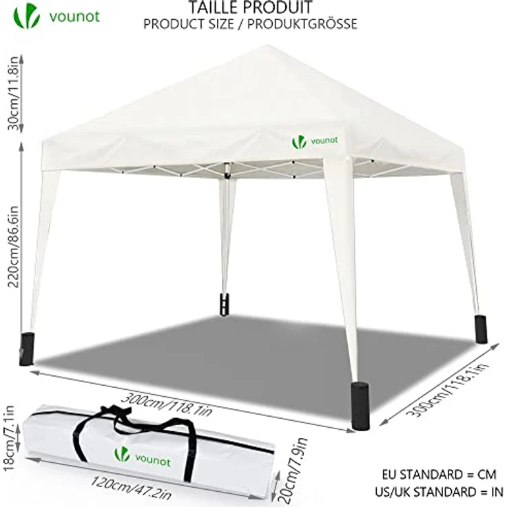 VOUNOT Faltpavillon 3x3 m, mit 4 Sandsäcke, Pop Up Pavillon Faltbar, UV-Schutz 50+, Cremeweiß – Bild 6