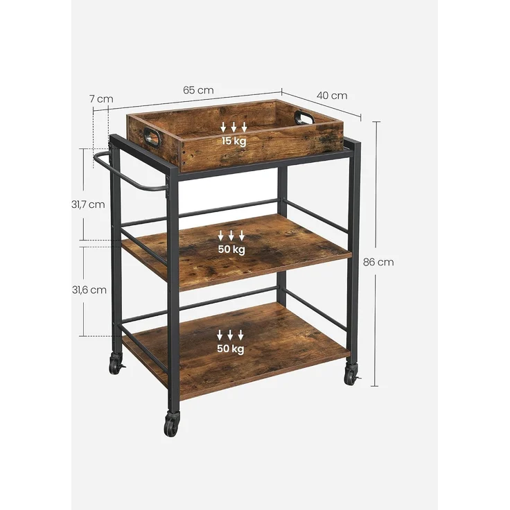 Vasagle Servierwagen mit abnehmbarem Tablett, feststellbarer Küchenwagen mit Universalrollen, Küchenregal, 65 x 40 x 86 cm, stabiles Metallgestell, Industrie-Design, Vintage, dunkelbraun von Songmics LRC72X – Bild 3