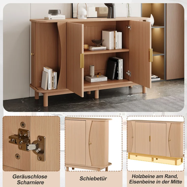 Merax Sideboard 140x40x88cm aus MDF, Kommode mit geschwungenen Kanten, 2 Schiebetüren, Stauraumschrank, Naturholz – Bild 5