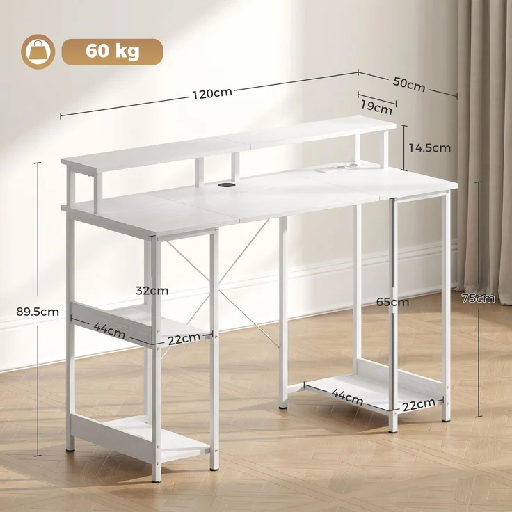 Wendbarer Computertisch mit Ablagen, 120 x 50 cm, mit Steckdosen und LED-Beleuchtung, Weiß in Holzoptik – Bild 5
