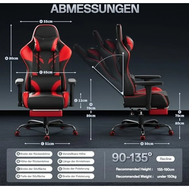 JUMMICO Gaming Stuhl mit Fußstütze & verstellbaren Armlehnen, Rot/ Schwarz – Bild 3