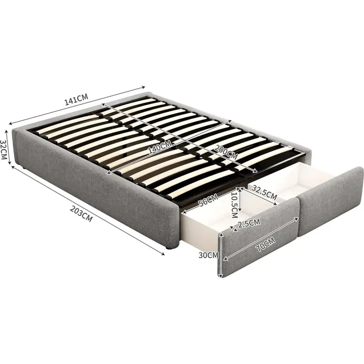 Futonbett mit Bettkasten, Lattenrost und Schubladen, 140x200 cm, Bezug, Leinen – Bild 4