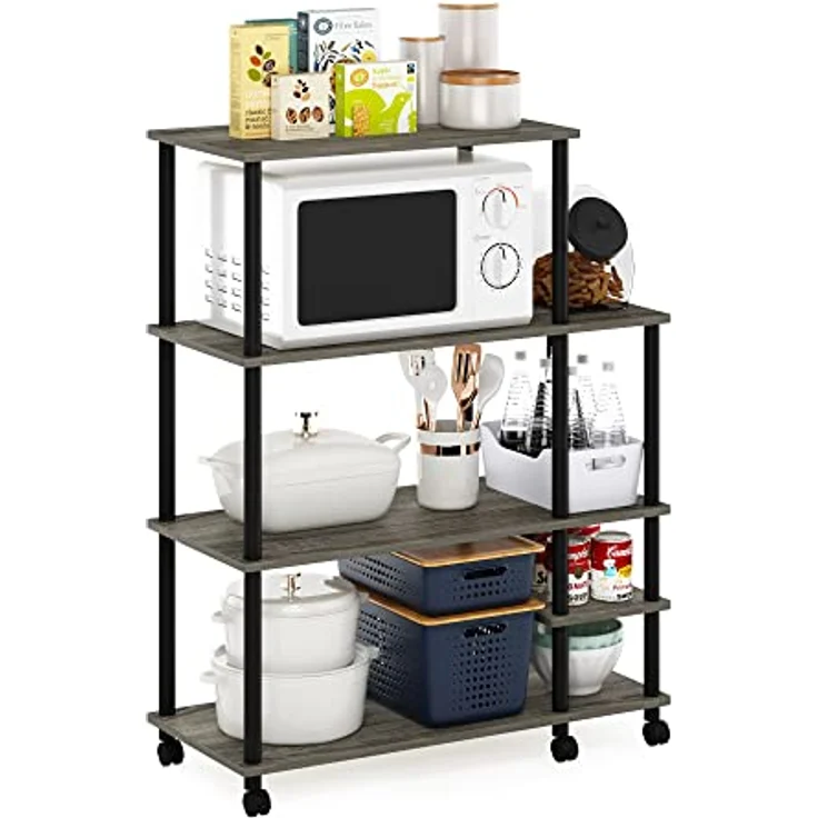 Furinno Turn-N-Tube 4-stufiger, werkzeugloser Küchenregalwagen mit breitem Lagerregal, Französische Eiche Grau/Schwarz – Bild 2