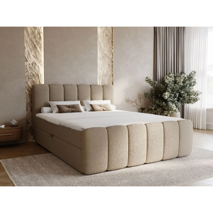 GRAINGOLD Cloud Boxspringbett 160x200, Bett mit Bettkasten, Bouclé-Stoff, mit Kopfteil, Braun – Bild 1