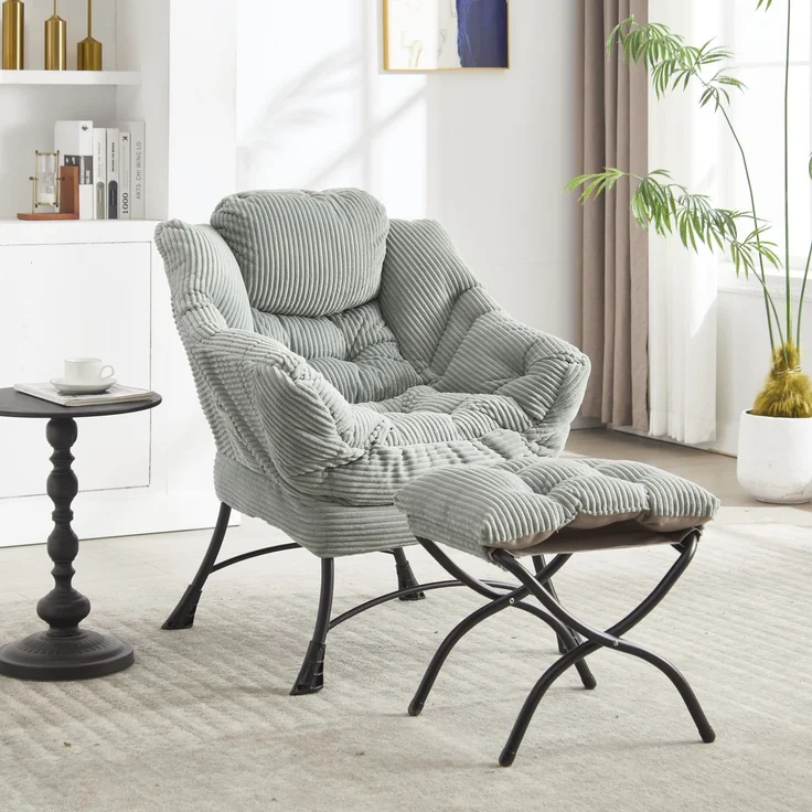 Flieks Loungesessel mit Hocker, ergonomischer Ohrensessel mit Stahlrahmen, weicher Cordstoff, Seitentasche, graugrün – Bild 1
