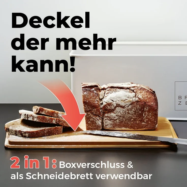 Lumaland Cuisine Brotkasten | Brotdose aus Metall mit Bambus Deckel | Brotbox rechteckig 30,5 x 23,5 x 14 cm | 2in1 Brotbehälter & Schneidebrett [Weiß] – Bild 3