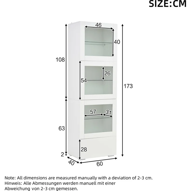 60*40*173cm Schrank,Vitrine ausSchranktür aus Acryl, Vitrine Hochglanz Lagerschrank mit LED-Beleuchtung, 3 Glasboden, Highboard, Wohnzimmerschrank, Aufbewahrungsschrank, Hochschrank, Sofaschrank,Weiß – Bild 4