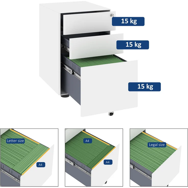 Rollcontainer aus Stahl mit Schloss und 3 Schubladen, 48x39x59 cm, Weiß – Bild 7