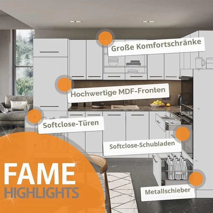 Eckküche Fame-Line Goldkraft Eiche/Anthrazit 190 x 160 cm ohne Arbeitsplatte Vicco – Bild 3