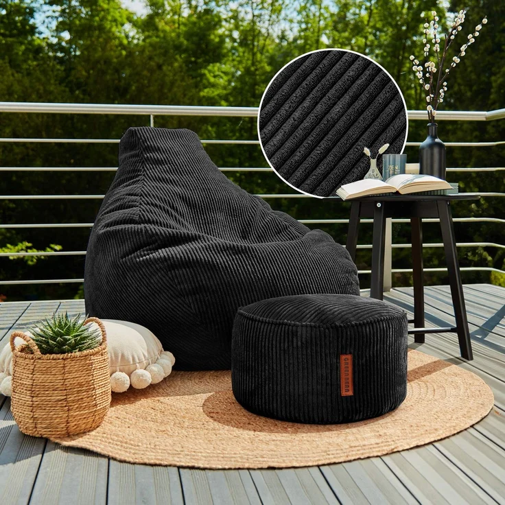 Green Bean® Sitzsack mit Hocker aus Cord - Sitzsäcke für das Wohnzimmer, Schlafzimmer, Sitzsack-Sessel für Erwachsene Schwarz – Bild 2
