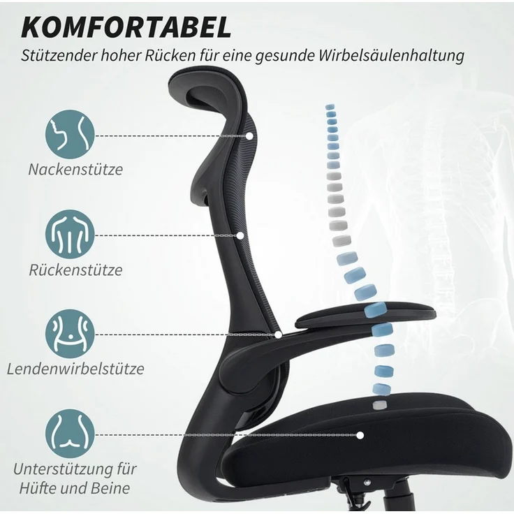 HOMCOM Bürostuhl, Ergonomischer Schreibtischstuhl mit 3D Einstellbarer Armlehne, Kopfstütze, Höhenverstellbarer Computerstuhl Drehstuhl mit Wippfunktion, Netzbespannung, Schwarz – Bild 3