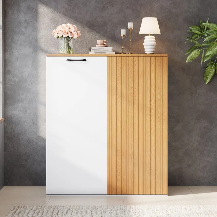Highboard,Aktenschrank,Sideboard 80 × 40 × 110 cm-Büroschrank aus MDF in Weiß & Eiche, moderner Schrank, Kommoden,Stauraumschrank, Hochschrank--Weißeiche--80x40x110cm--YOUDENOVA – Bild 2