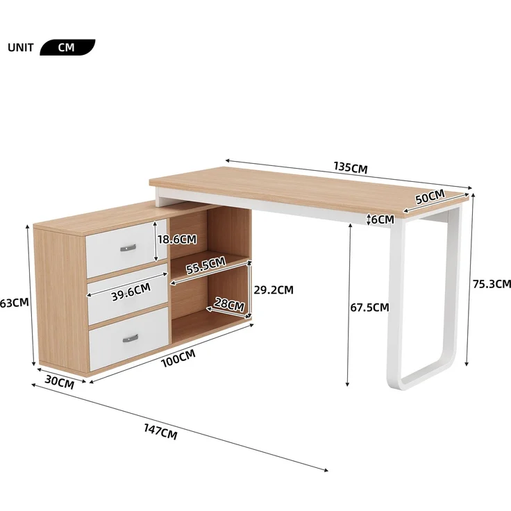 Flieks L-Form Schreibtisch 147×100×75.3 cm, Bürotisch mit 3 Schubladen & 2 offenen Ablagefächern, massiver Stahlrahmen, Naturholzfarbe & Weiß – Bild 3