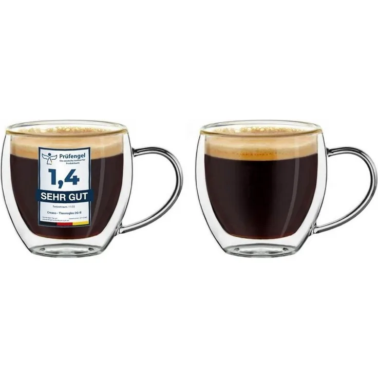 Creano Teeglas Thermoglas Espressoglas hoch mit Henkel 2er Set, 100ml, Borosilikatglas, 2 Gläser