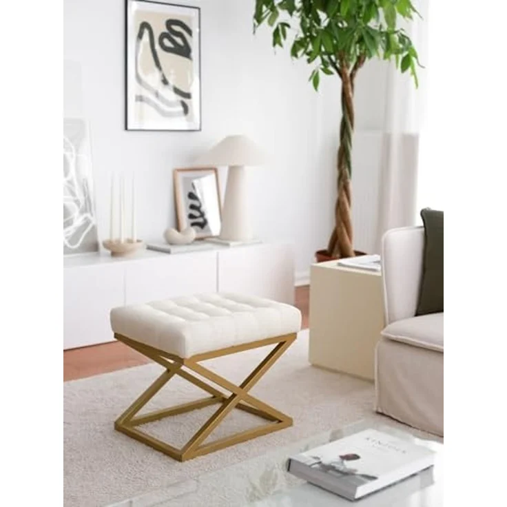 Atelier Del Sofa Stylish Pouffe with Metal Frame, Cream Teddy Fabric, 50 x 42 x 40 cm | Durable & Comfortable Seating for Modern Living Rooms & Bedrooms – Bild 3
