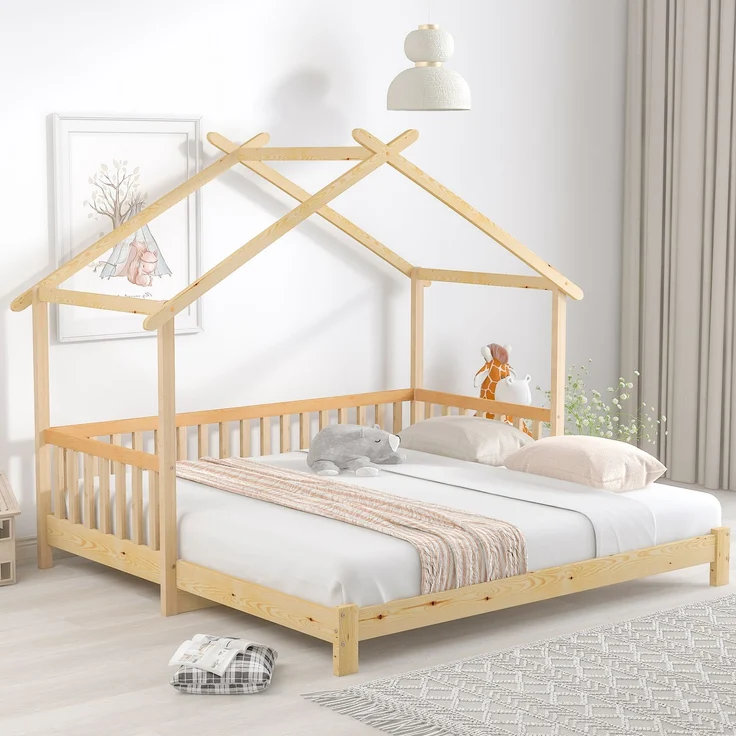 Erweiterbares Hausbett 208x182x170 ausziehbares Kinder- und Tagesbett, reines Massivholz (Kiefer), wandelbar als Einzel- und Doppelbett, natur – Bild 2
