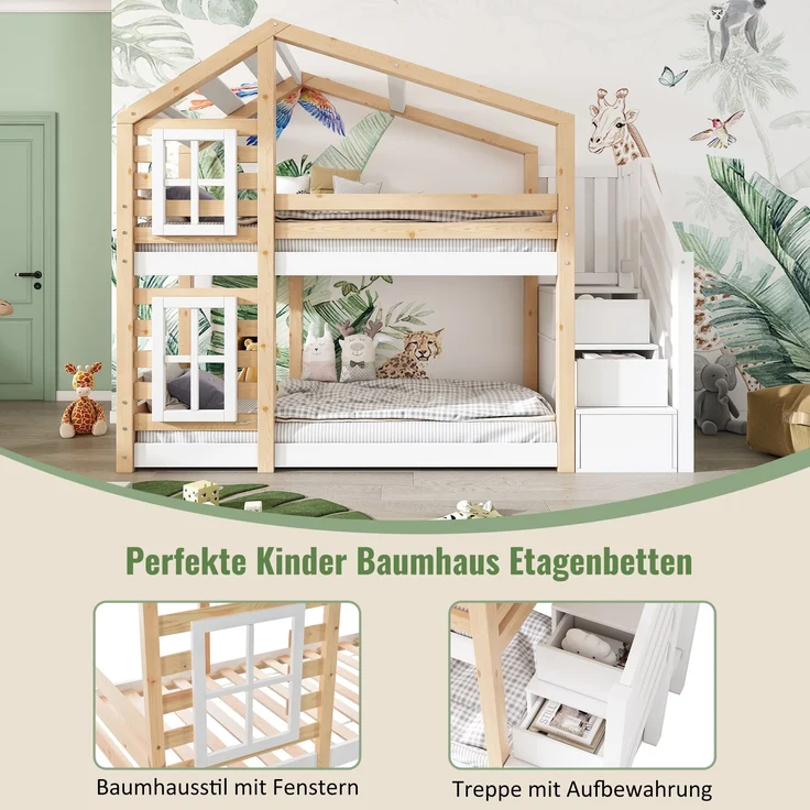 Kinder-Etagenbett Massivholz, Baumhaus-Design mit Schubladentreppe, 90x200 cm, Natur & Weiß, ohne Matratze – Bild 5