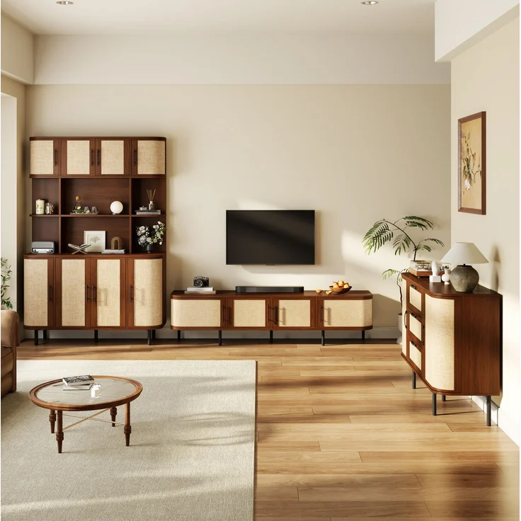 DESVIAE Sideboard-Möbel-Set Nussbaum aus MDF – 120x40x82 cm – Geflechtfronten, Metallfüße – Bild 2