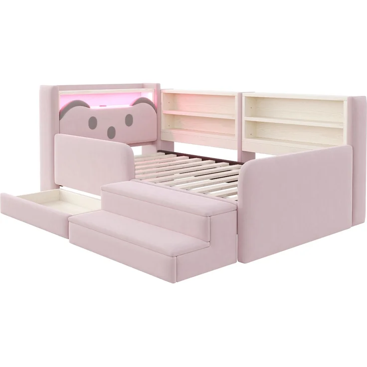 ZUBALIYA Polsterbett, mit Schubladen, mit Stauraum, mit LED-Beleuchtung, mit USB-Anschluss, inklusive Lattenrost, Liegefläche 90 × 200 cm, H 85 × T 218 × B 108.5 cm, Rosa, Samt – Bild 14