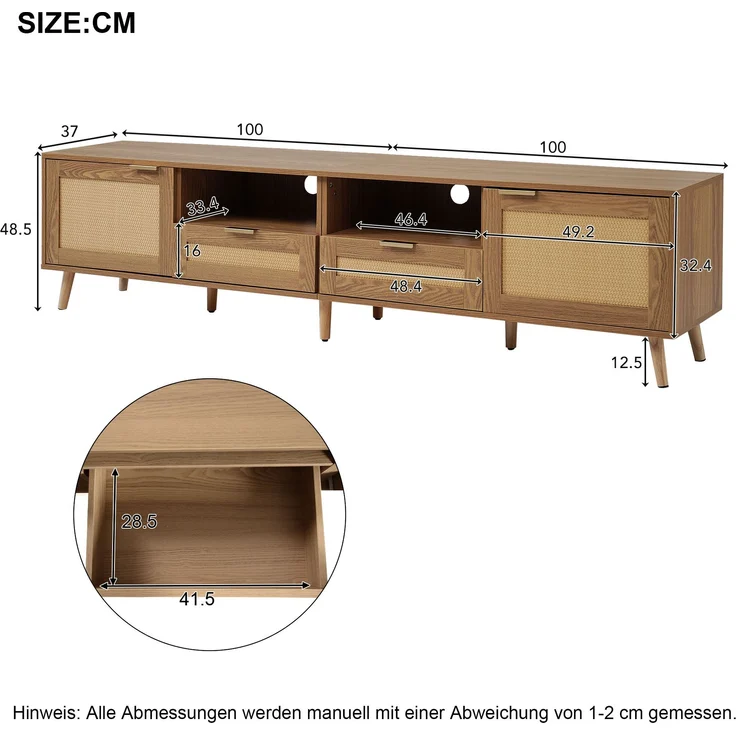 TV-Schrank, Rattan-Design, mit 2 Türen, 2 Schubladen & höhenverstellbaren Füßen, 200x37x49 cm, Eiche – Bild 10