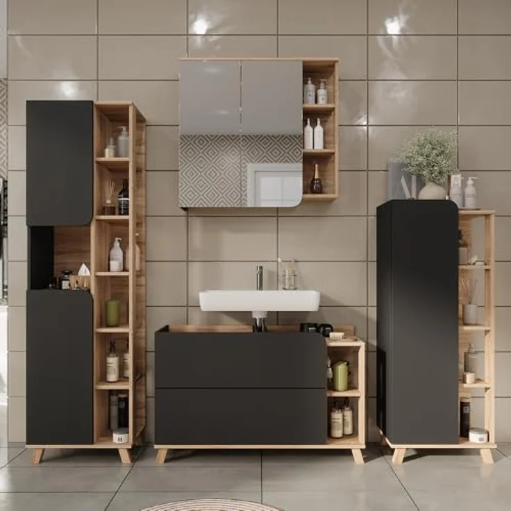 Vichy Badmöbel-Set Karen, Sonoma/Anthrazit, 4-teilig mit Waschbeckenunterschrank und Spiegelschrank, robust und für Selbstmontage geeignet – Bild 3