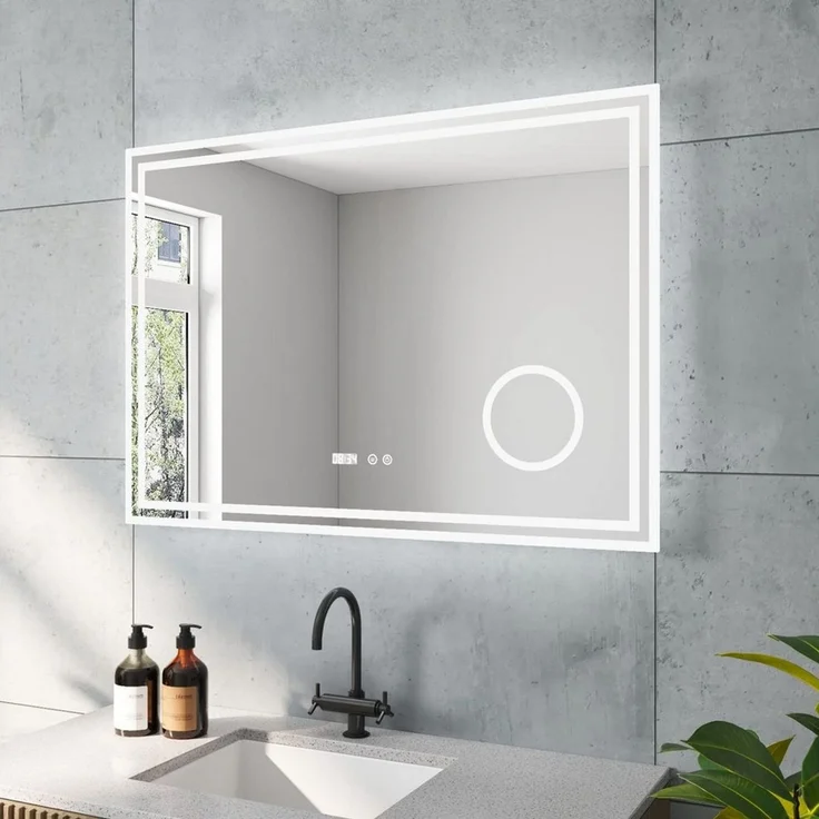 AQUABATOS LED-Lichtspiegel LED Badspiegel Badezimmerspiegel mit Beleuchtung Wandspiegel IP44, Kosmetikspiegel Uhr Touch 3-Fach Vergrößerung Kaltweiß Beschlagfrei – Bild 1