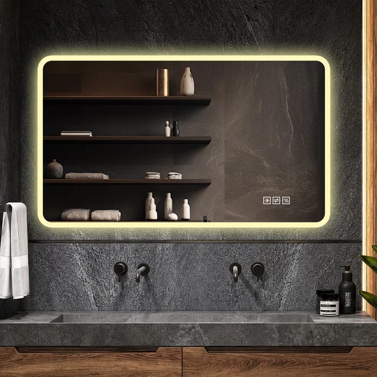 60×100cm LED Badezimmerspiegel mit Milchglasrand, Frontbeleuchtung, Anti-Beschlag, 3 Lichtfarben, Stufenlos Dimmbar, Memory-Funktion, Horizontal & Vertikal Montierbar, IP44 Wasserdicht--Silber--100x60x2.9cm--YOUDENOVA – Bild 2