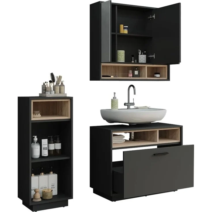 Badmöbel-Set Beatrice Anthrazit/Sonoma 3 Teile mit Midischrank Vicco – Bild 5