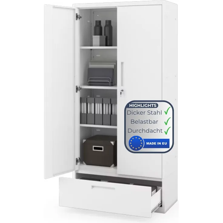 Metallschrank mit Einzel-Schublade RUEL - 195x90x40cm Weiß | Büroschrank Aktenschrank Stahlschrank Fachbodenschrank Werkstattschrank