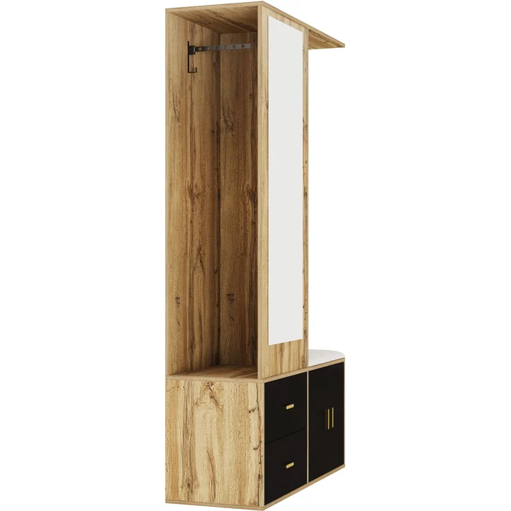Faumrta Elegantes Kleiderschrankset in Schwarz und Holzfarbe mit Spiegel, Schuhschrank, Schuhbank mit Haken und ausziehbaren Kleiderbügeln. 100CM*38CM*180CMNaturalSpanplatte – Bild 7