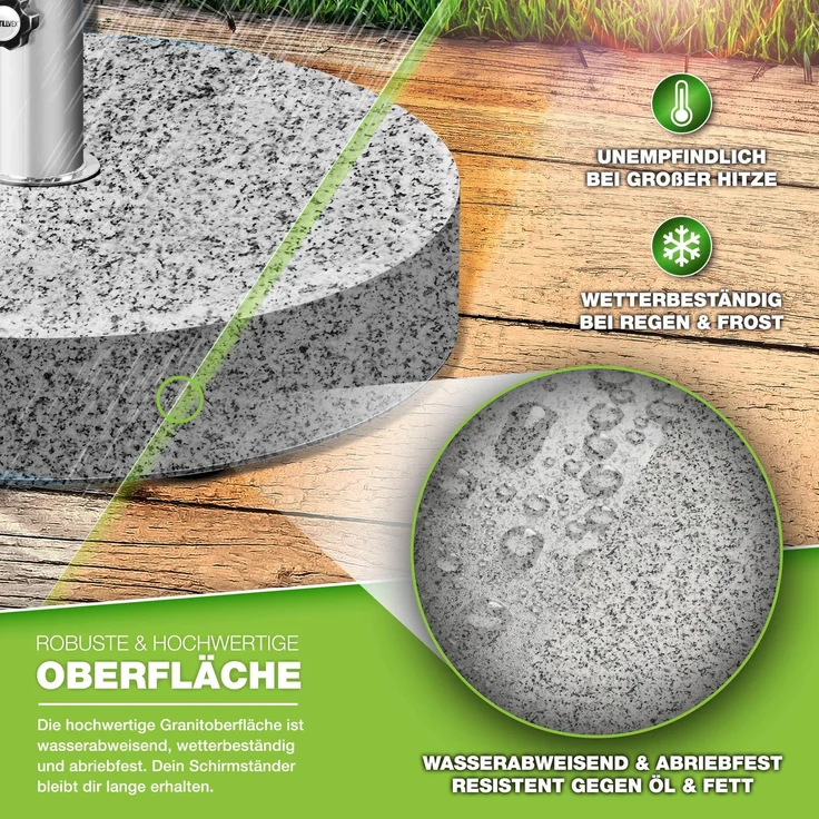 tillvex® Granit Sonnenschirmständer mit Rollen & Teleskopgriff 27 kg Grau - Rund | Schirmständer Sonnenschirm mit Edelstahlrohr | Balkonschirmständer für Schirmstöcke 16-48 mm & 300 cm Schirmdurchmesser – Bild 3