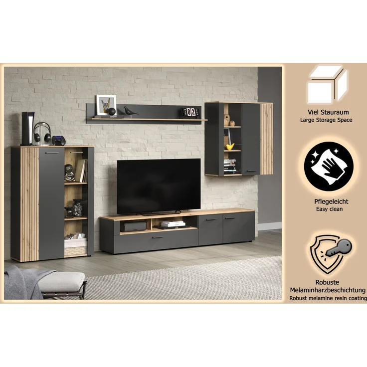 Wohnwand Esteban in grau und Eiche Evoke 340 cm – Bild 14