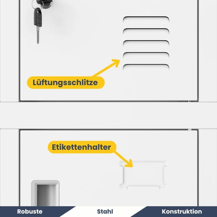 Schließfachschrank Spind TAMPA - 8 Fächer, Etikettenhalter Lüftungsschlitze | Wertfachschrank Umkleideschrank Metall Kleiderspind, 172 x 55,9 x 45 cm Weiß – Bild 4