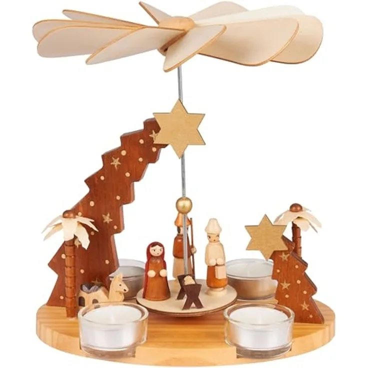 BRUBAKER Weihnachtspyramide Teelichtpyramide aus Holz - Stern von Betlehem, Jesus, Maria und Josef, 22 cm drehbare Tischpyramide für 4 Pyramiden-Teelichter - Weihnachten
