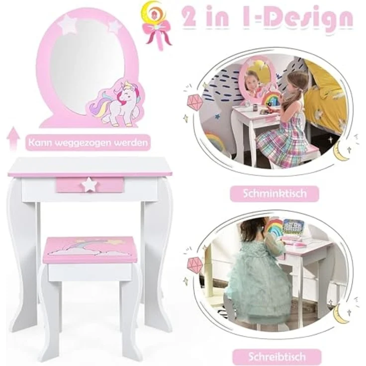 FANTASK Kinderschminktisch mit Schublade und abnehmbarem Spiegel, Prinzessinnenschminktisch mit Hocker, rosa und weißer Schminktisch für Mädchen von 3-7 Jahren – Bild 7