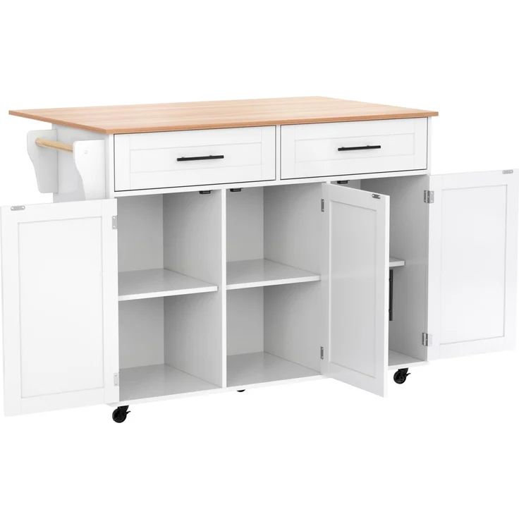Merax 129*46(71)*91,5cm Küchenwagen Esstischwagen /Anrichte mit Klapptischplatte, Inneneinlegeböden in den Schranktüren, Kücheninsel auf 5 Rädern mit Stauschränken und 2 Schubladen, für das Esszimmer, weiß – Bild 9