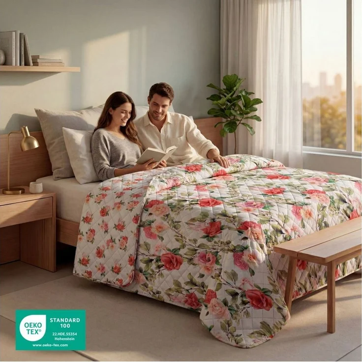 Delindo Lifestyle Tagesdecke Rosenmuster, Bettüberwurf 140x210 oder 220x240 oder 240x260, Digitaldruck, Florales Rosenmuster, Gesteppt, Leicht, Wendbar – Bild 2