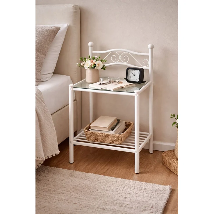 Romantische Nachtkonsole aus Metall in Cremeweiß mit Glasablage – Landhausstil – Bild 1