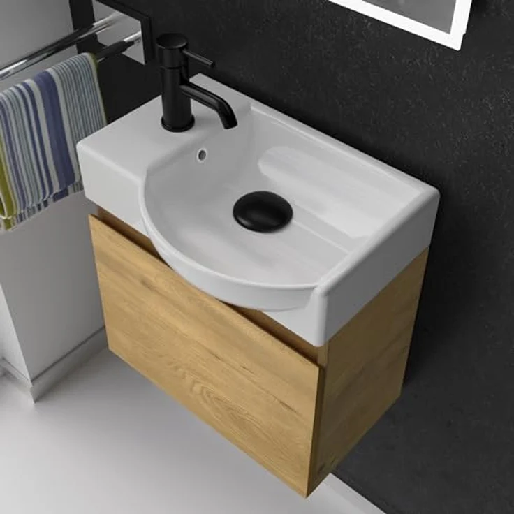 Alpenberger Badmöbel-Set - Gäste WC Waschbecken mit Unterschrank 45 cm Breit, (Badschrank 2-tlg, Waschtisch hängend), Waschbeckenunterschrank mit Softclose - Eiche Natur - Rechts Becken – Bild 4